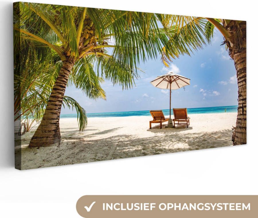 OneMillionCanvasses Canvas schilderij 160x80 cm Wanddecoratie Strandstoel Parasol Palmboom Muurdecoratie woonkamer Slaapkamer decoratie Kamer accessoires Schilderijen - Foto 1