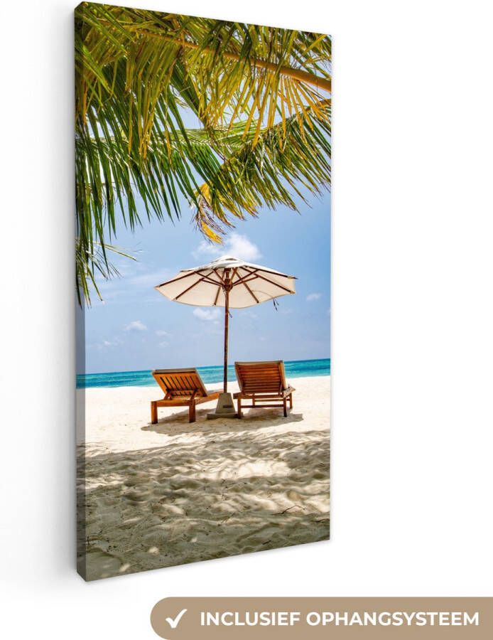 OneMillionCanvasses Canvas Schilderij Strandstoel Parasol Palmboom 20x40 cm Wanddecoratie