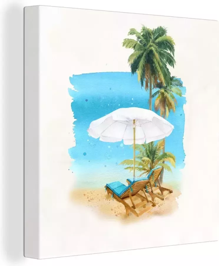 OneMillionCanvasses Canvas Schilderij Strandstoel Parasol Palmboom 50x50 cm Wanddecoratie