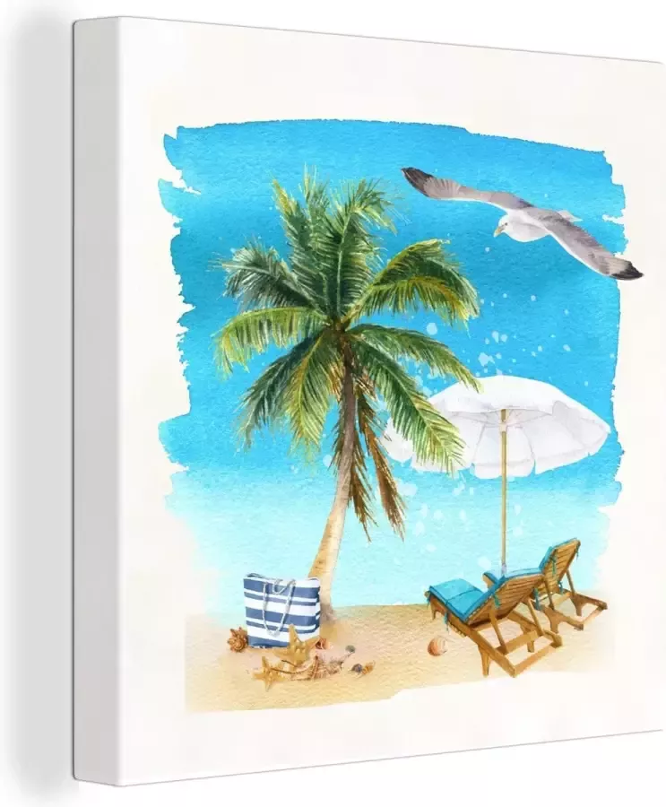 OneMillionCanvasses Canvas Schilderij Strandstoel Parasol Palmboom 50x50 cm Wanddecoratie