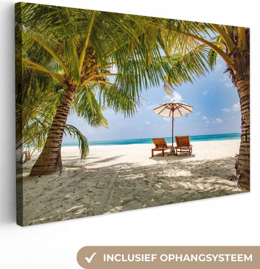 OneMillionCanvasses Canvas Schilderij Strandstoel Parasol Palmboom 90x60 cm Wanddecoratie