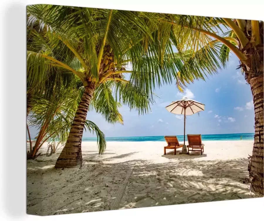 OneMillionCanvasses Canvas Schilderij Strandstoel Parasol Palmboom 90x60 cm Wanddecoratie - Foto 2