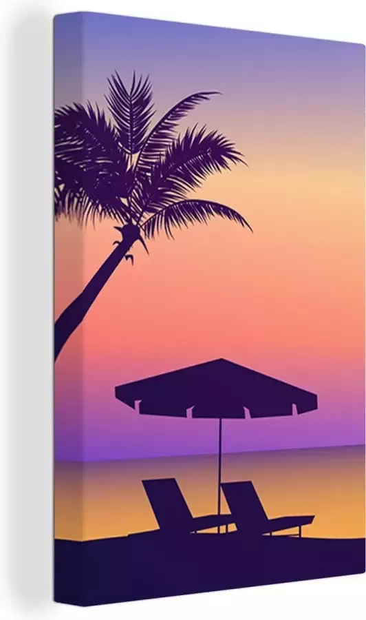 OneMillionCanvasses Canvas Schilderij Strandstoel Parasol Palmboom Nacht 120x180 cm Wanddecoratie XXL