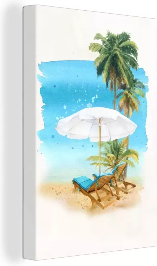 OneMillionCanvasses Canvas Schilderij Strandstoel Parasol Palmboom- Zee 120x180 cm Wanddecoratie XXL