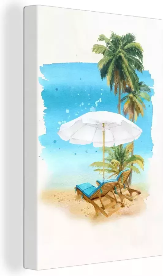 OneMillionCanvasses Canvas Schilderij Strandstoel Parasol Palmboom- Zee 40x60 cm Wanddecoratie