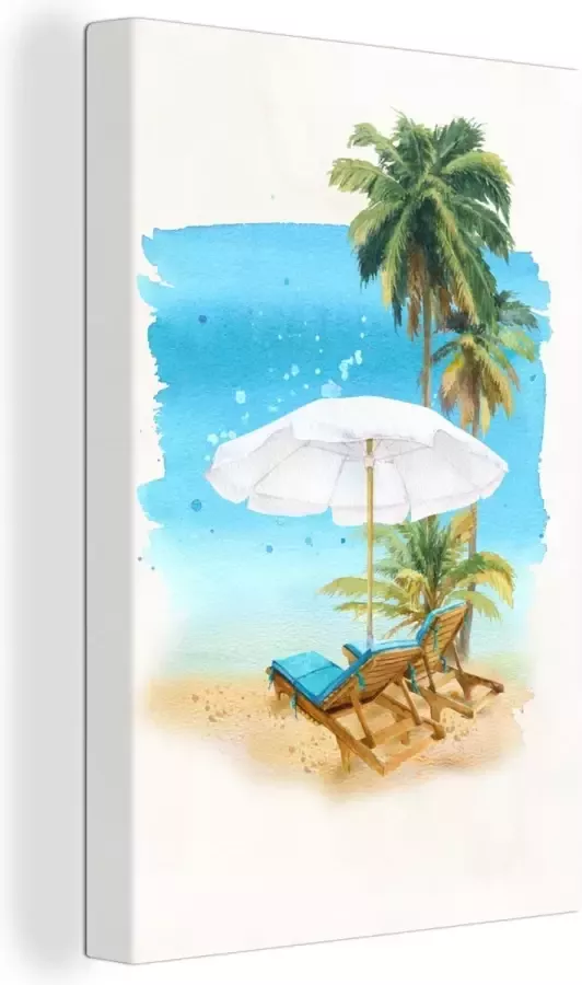 OneMillionCanvasses Canvas Schilderij Strandstoel Parasol Palmboom- Zee 90x140 cm Wanddecoratie