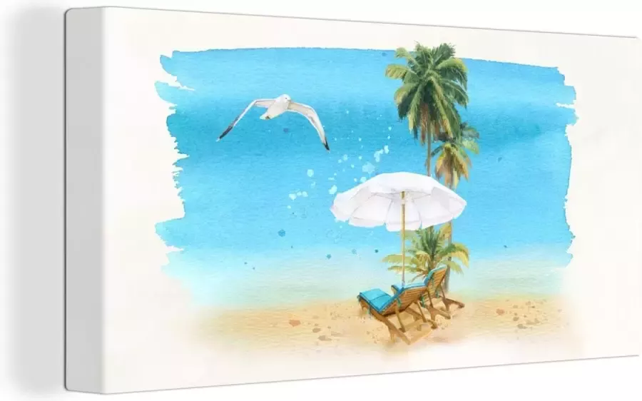 OneMillionCanvasses Canvas schilderij 160x80 cm Wanddecoratie Strandstoel Parasol Vogel Palm Muurdecoratie woonkamer Slaapkamer decoratie Kamer accessoires Schilderijen