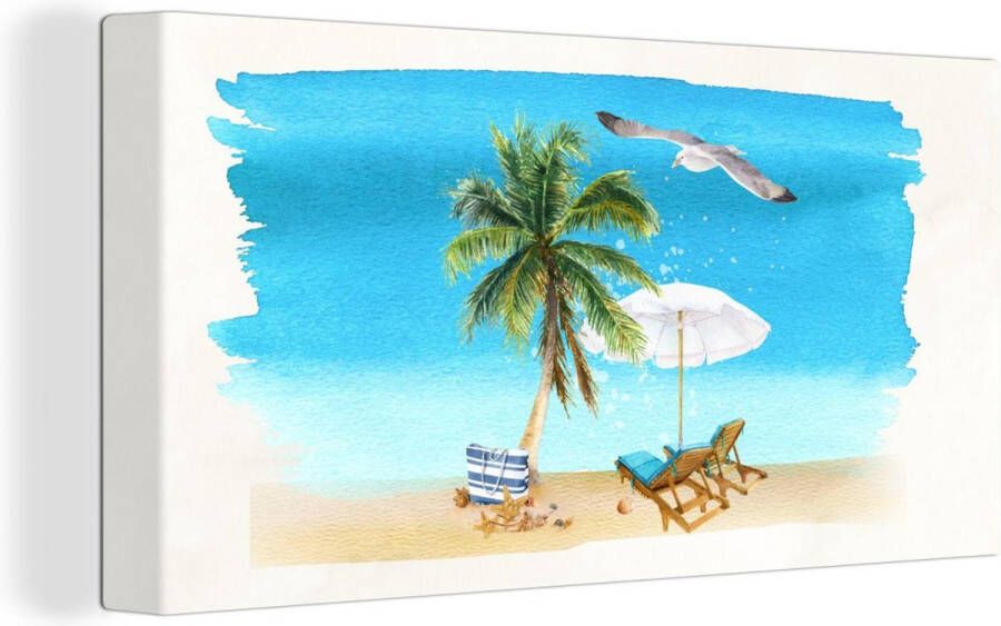 OneMillionCanvasses Canvas schilderij 160x80 cm Wanddecoratie Strandstoel Parasol Vogel Waterverf Muurdecoratie woonkamer Slaapkamer decoratie Kamer accessoires Schilderijen