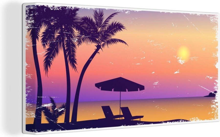 OneMillionCanvasses Canvas Schilderij Strandstoel Parasol Zand Nacht 80x40 cm Wanddecoratie