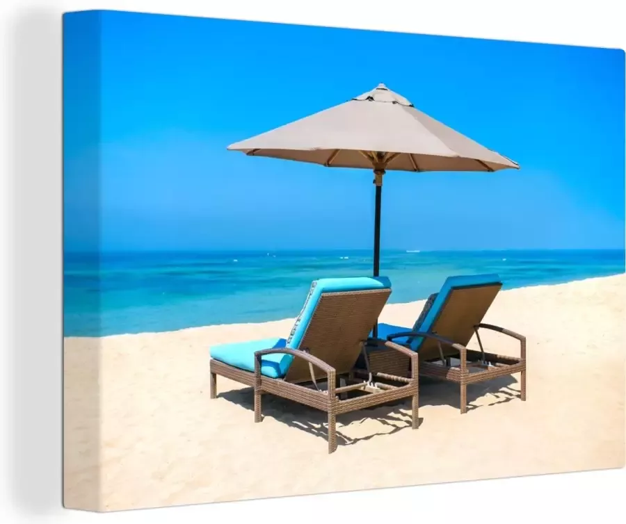 OneMillionCanvasses Canvas Schilderij Strandstoel Parasol Zomer Zee 120x80 cm Wanddecoratie