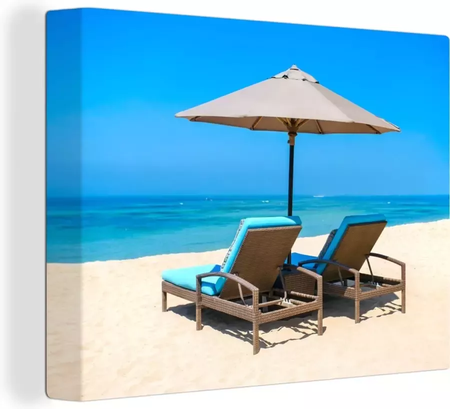 OneMillionCanvasses Canvas Schilderij Strandstoel Parasol Zomer Zee 120x90 cm Wanddecoratie