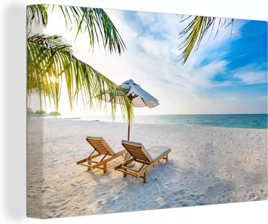 OneMillionCanvasses Canvas Schilderij Strandstoel Parasol Zonsondergang 120x80 cm Wanddecoratie