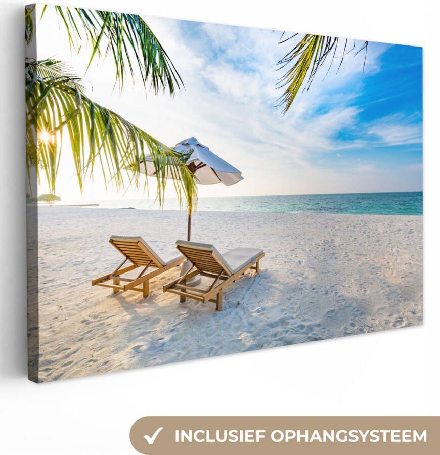 OneMillionCanvasses Canvas schilderij 120x80 cm Wanddecoratie Strandstoel Parasol Zonsondergang Muurdecoratie woonkamer Slaapkamer decoratie Kamer accessoires Schilderijen