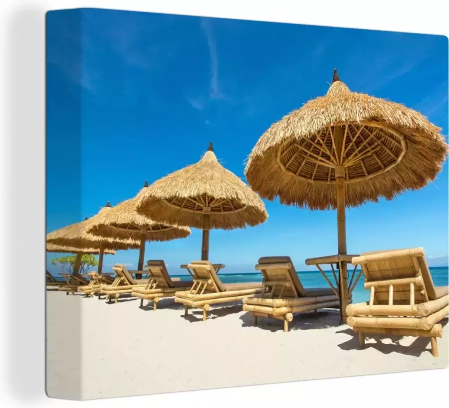 OneMillionCanvasses Canvas Schilderij Strandstoel Strand Parasol Zee Zomer 160x120 cm Wanddecoratie XXL