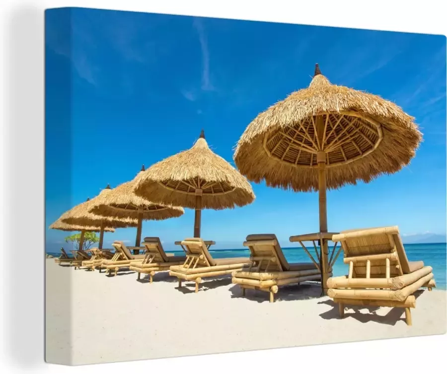 OneMillionCanvasses Canvas Schilderij Strandstoel Strand Parasol Zee Zomer 180x120 cm Wanddecoratie XXL