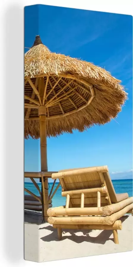 OneMillionCanvasses Canvas Schilderij Strandstoel Strand Parasol Zee Zomer 20x40 cm Wanddecoratie