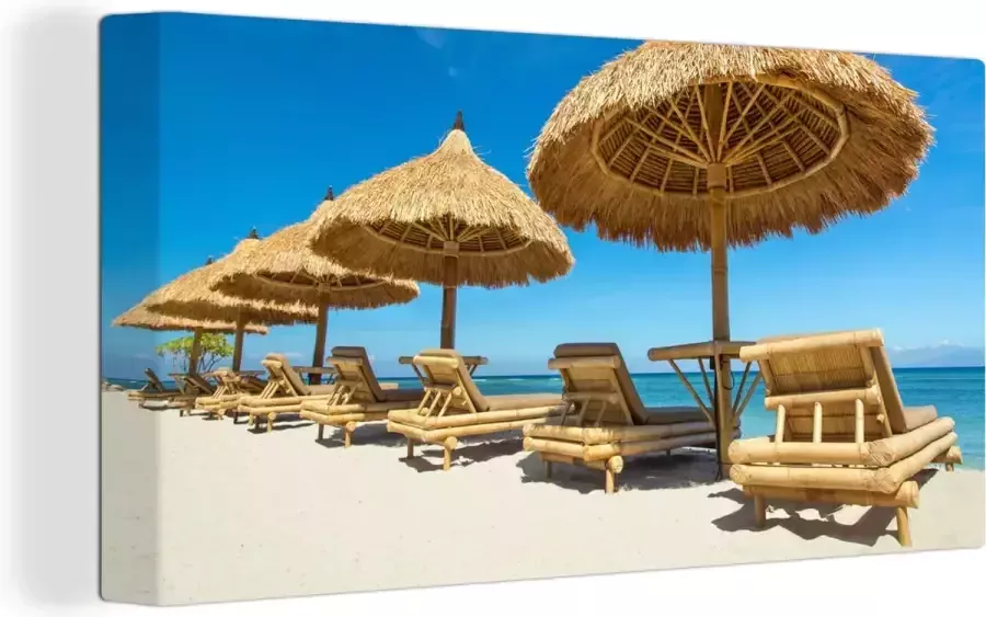 OneMillionCanvasses Canvas Schilderij Strandstoel Strand Parasol Zee Zomer 40x20 cm Wanddecoratie