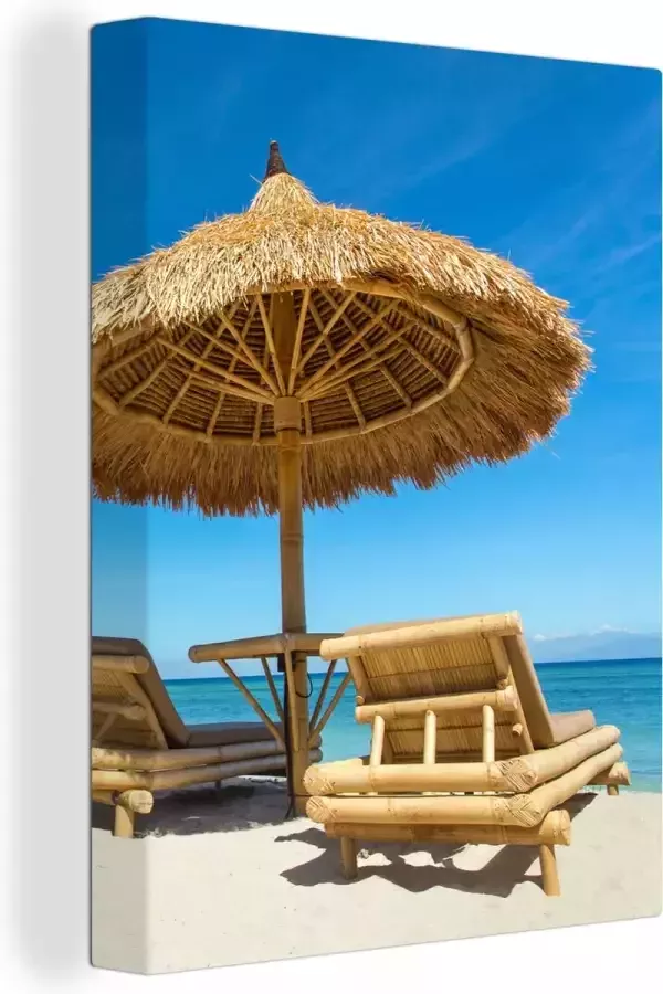 OneMillionCanvasses Canvas Schilderij Strandstoel Strand Parasol Zee Zomer 60x80 cm Wanddecoratie