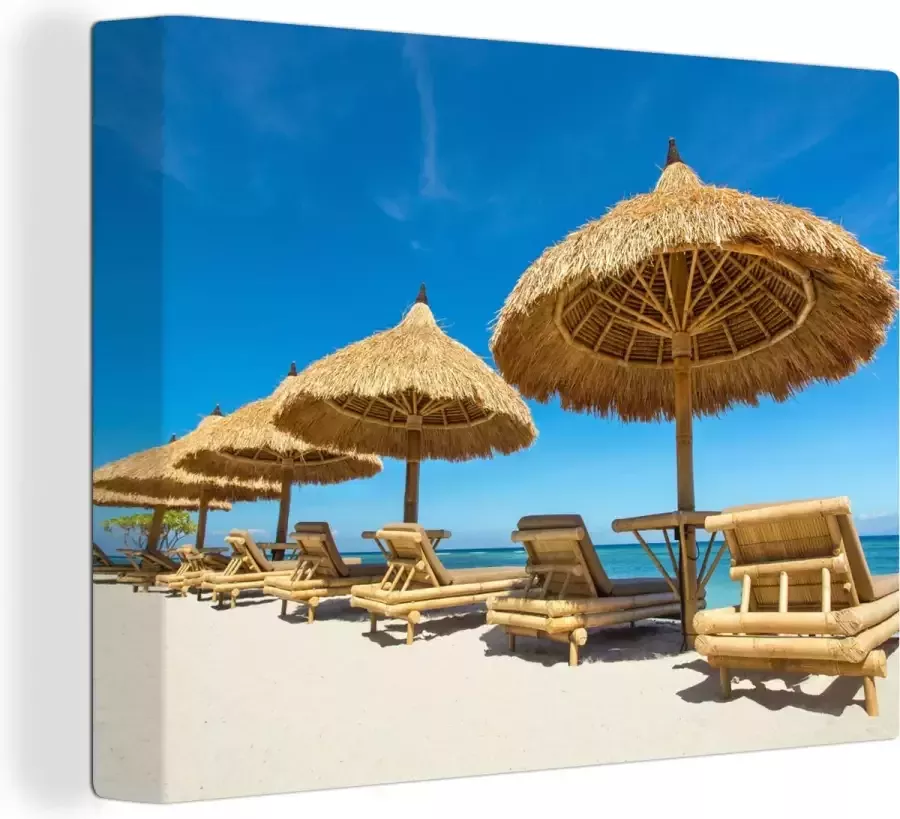 OneMillionCanvasses Canvas Schilderij Strandstoel Strand Parasol Zee Zomer 80x60 cm Wanddecoratie