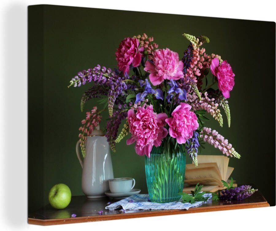 OneMillionCanvasses Canvas schilderij 140x90 cm Wanddecoratie Tafel Bloemen Stilleven Muurdecoratie woonkamer Slaapkamer decoratie Kamer accessoires Schilderijen op canvas - Foto 2