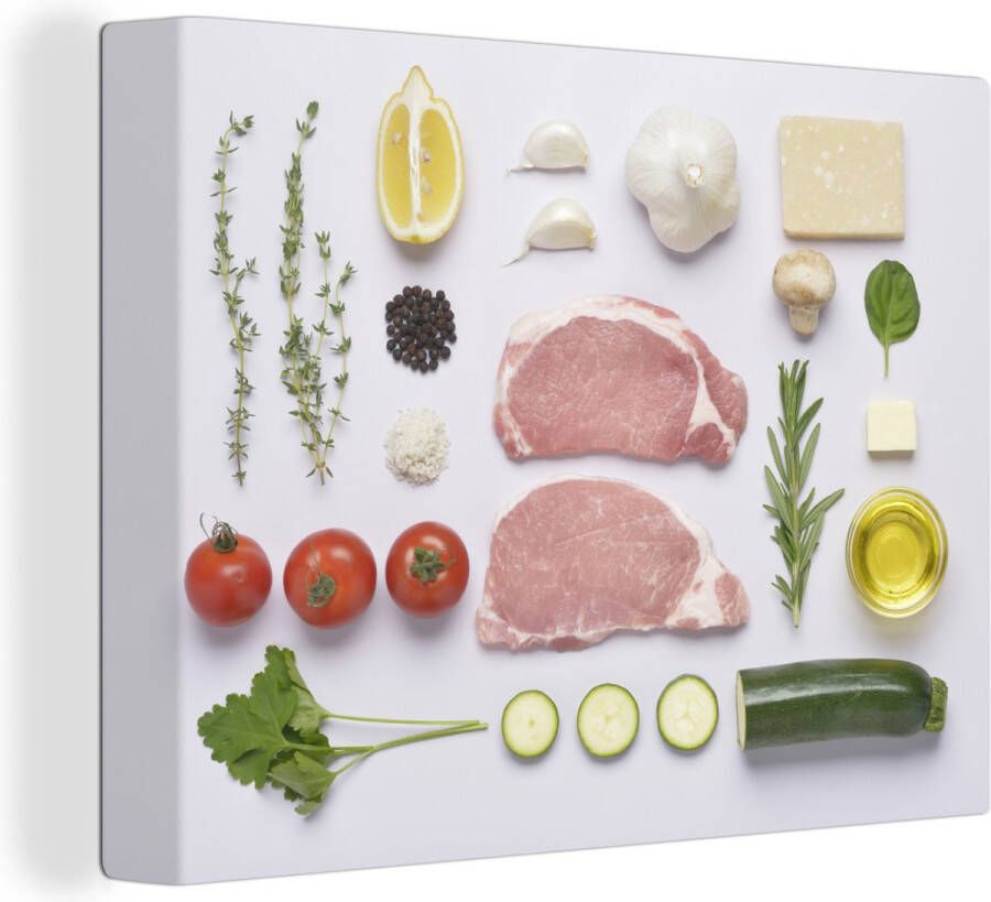 OneMillionCanvasses Canvas Schilderij Tafel met verse groenten en vlees 120x90 cm Wanddecoratie