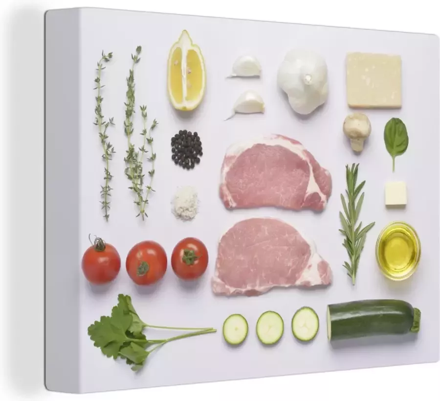 OneMillionCanvasses Canvas Schilderij Tafel met verse groenten en vlees 40x30 cm Wanddecoratie