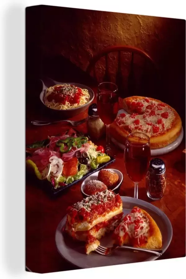OneMillionCanvasses Canvas Schilderij Tafel vol Italiaans eten 30x40 cm Wanddecoratie