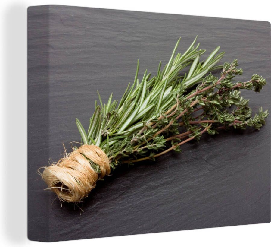 OneMillionCanvasses Canvas Schilderij Tijm Kruiden Groen Tafel Keuken Steen 120x90 cm Wanddecoratie