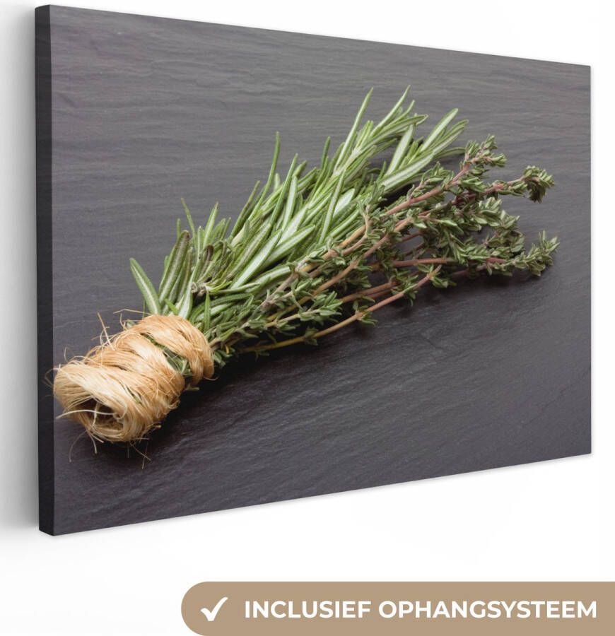 OneMillionCanvasses Canvas Schilderij Tijm Kruiden Groen Tafel Keuken Steen 30x20 cm Wanddecoratie