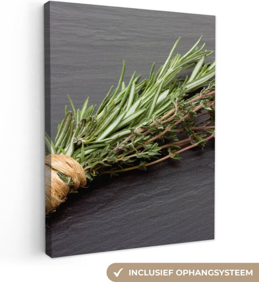 OneMillionCanvasses Canvas Schilderij Tijm Kruiden Groen Tafel Keuken Steen 30x40 cm Wanddecoratie