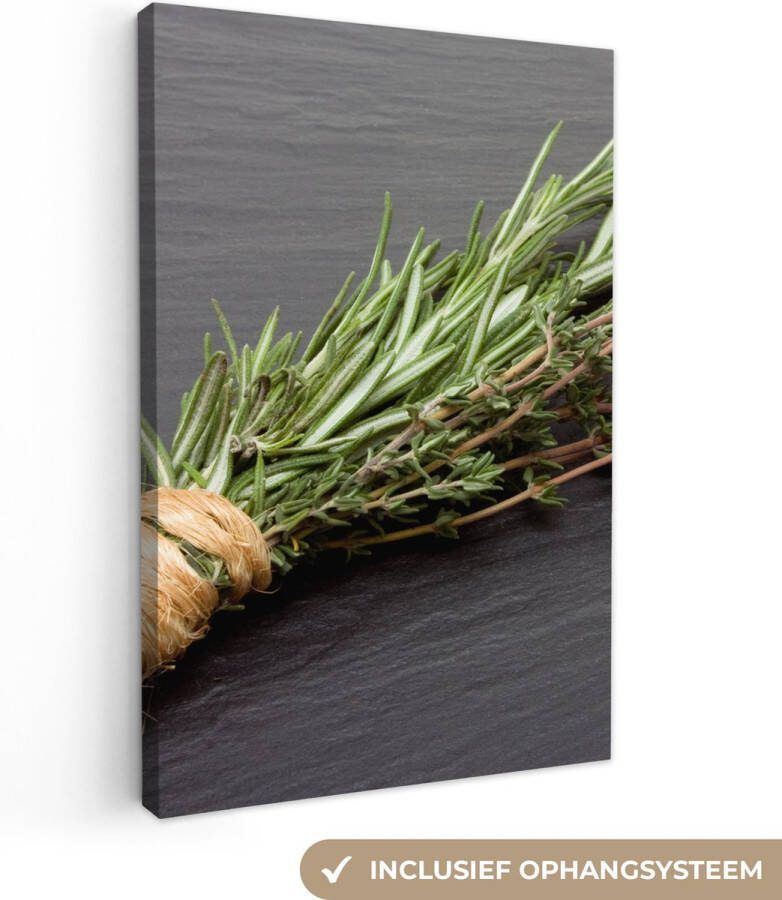OneMillionCanvasses Canvas Schilderij Tijm Kruiden Groen Tafel Keuken Steen 40x60 cm Wanddecoratie