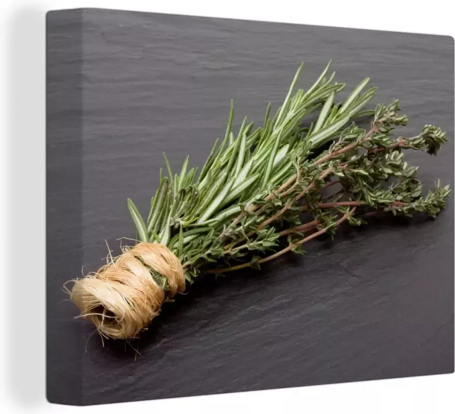 OneMillionCanvasses Canvas Schilderij Tijm Kruiden Groen Tafel Keuken Steen 80x60 cm Wanddecoratie - Foto 2