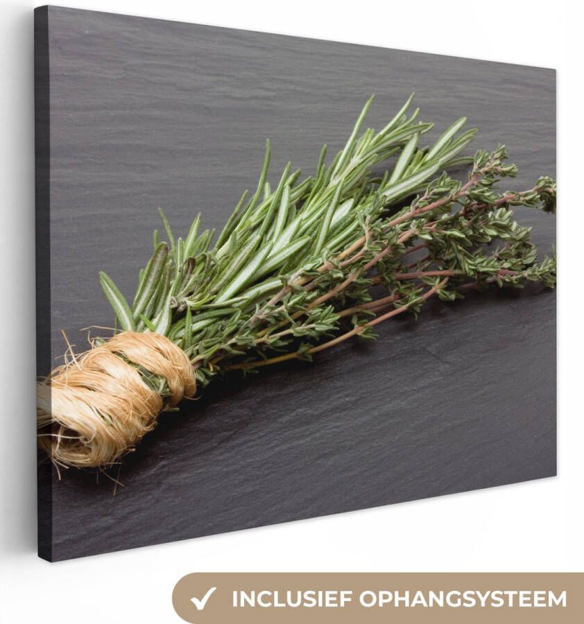 OneMillionCanvasses Canvas Schilderij Tijm Kruiden Groen Tafel Keuken Steen 80x60 cm Wanddecoratie