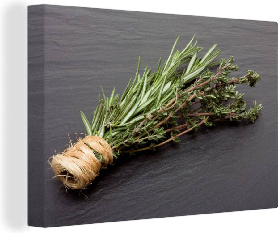 OneMillionCanvasses Canvas Schilderij Tijm Kruiden Groen Tafel Keuken Steen 90x60 cm Wanddecoratie - Foto 2