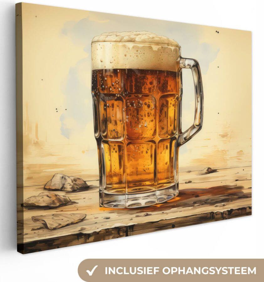 OneMillionCanvasses Canvas schilderij 120x90 cm Wanddecoratie Vintage Bier Pul Hout Tafel Drinken Muurdecoratie woonkamer Slaapkamer decoratie Kamer accessoires Schilderijen op canvas