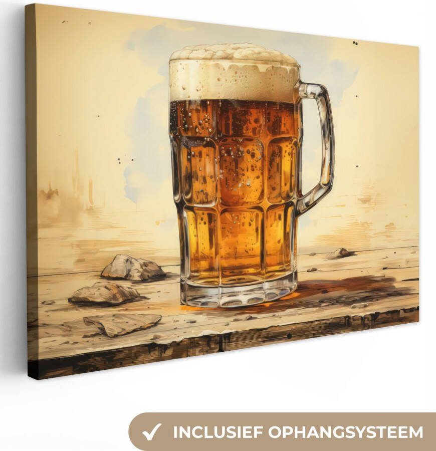 OneMillionCanvasses Canvas schilderij 30x20 cm Wanddecoratie Vintage Bier Pul Hout Tafel Drinken Muurdecoratie woonkamer Slaapkamer decoratie Kamer accessoires Schilderijen op canvas