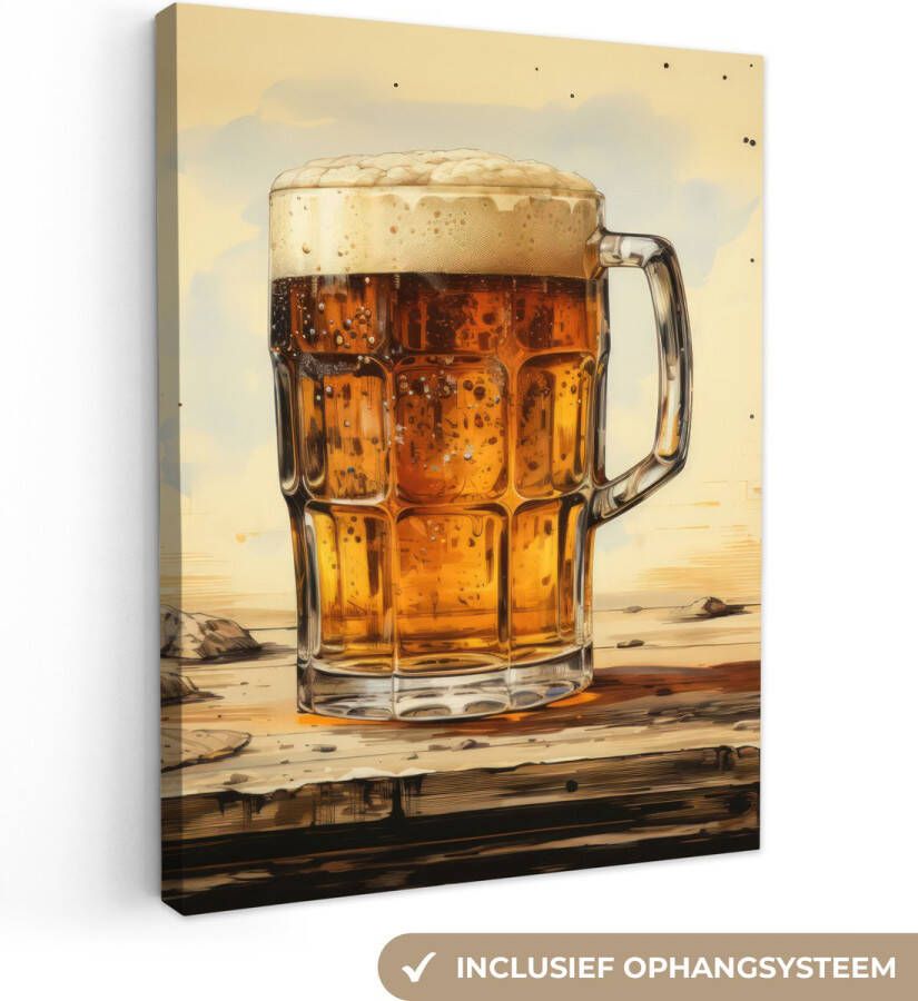 OneMillionCanvasses Canvas schilderij 30x40 cm Wanddecoratie Vintage Bier Pul Hout Tafel Drinken Muurdecoratie woonkamer Slaapkamer decoratie Kamer accessoires Schilderijen