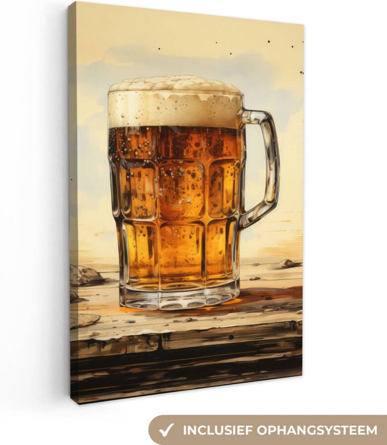 OneMillionCanvasses Canvas Schilderij Vintage Bier Pul Hout Tafel Drinken 90x140 cm Wanddecoratie