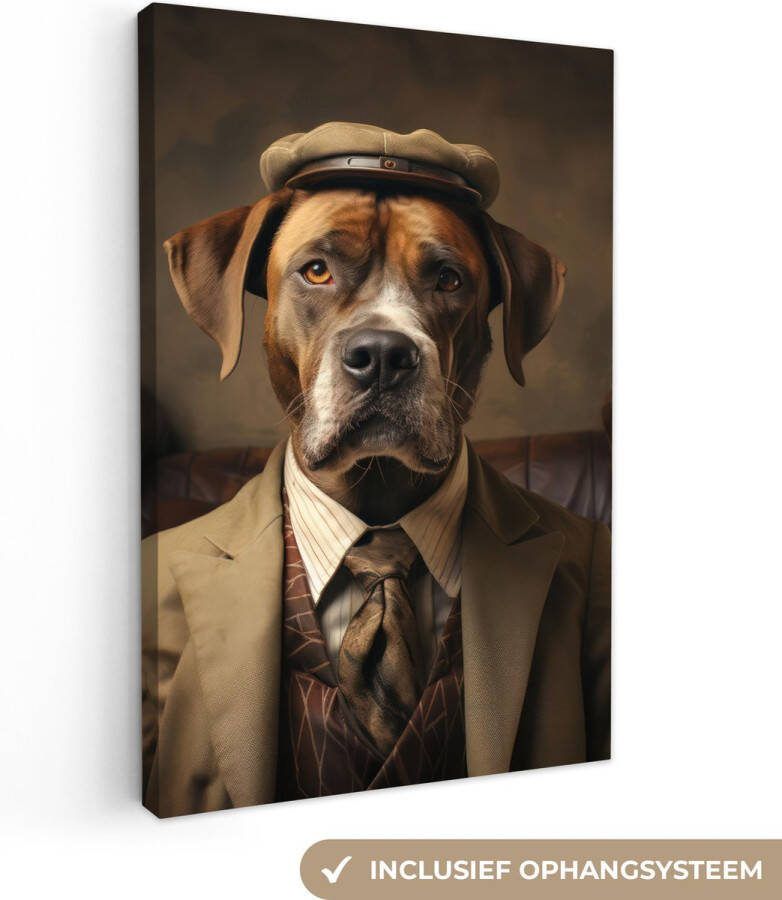 OneMillionCanvasses Canvas schilderij 20x30 cm Wanddecoratie Vintage Hond Hoed Pak Bank Bruin Muurdecoratie woonkamer Slaapkamer decoratie Kamer accessoires Schilderijen op canvas