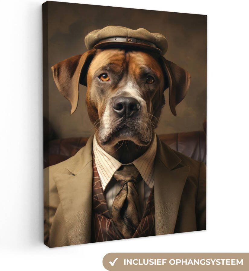 OneMillionCanvasses Canvas schilderij 30x40 cm Wanddecoratie Vintage Hond Hoed Pak Bank Bruin Muurdecoratie woonkamer Slaapkamer decoratie Kamer accessoires Schilderijen op canvas