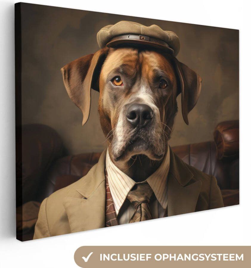 OneMillionCanvasses Canvas schilderij 40x30 cm Wanddecoratie Vintage Hond Hoed Pak Bank Bruin Muurdecoratie woonkamer Slaapkamer decoratie Kamer accessoires Schilderijen op canvas