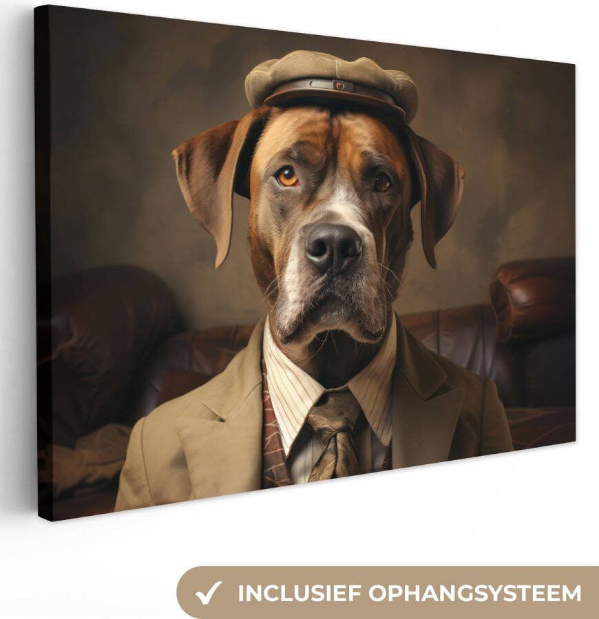 OneMillionCanvasses Canvas schilderij 60x40 cm Wanddecoratie Vintage Hond Hoed Pak Bank Bruin Muurdecoratie woonkamer Slaapkamer decoratie Kamer accessoires Schilderijen op canvas