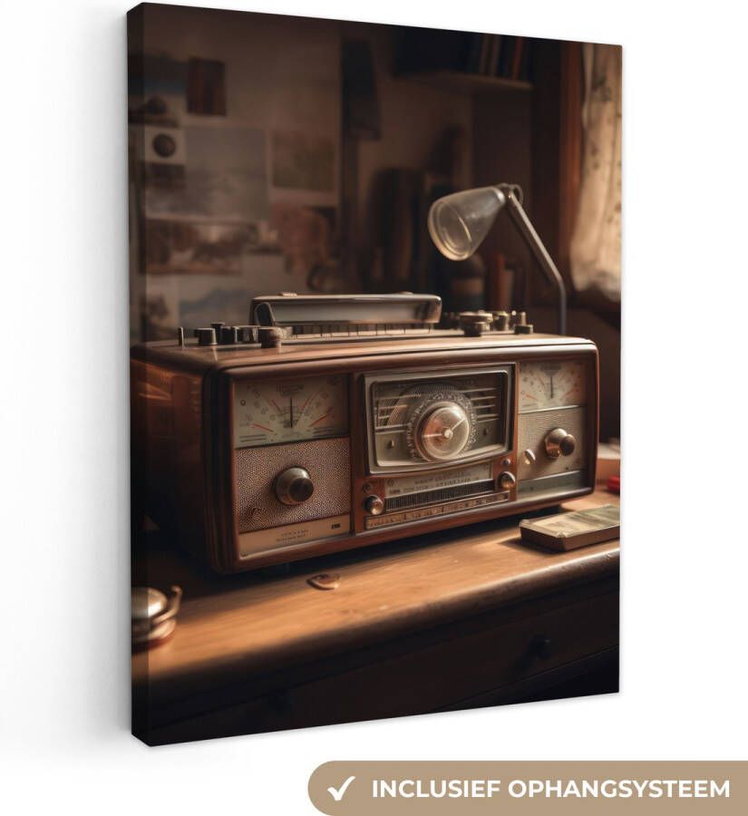 OneMillionCanvasses Canvas Schilderij Vintage Radio Oud Bureau Lamp 120x160 cm Wanddecoratie XXL