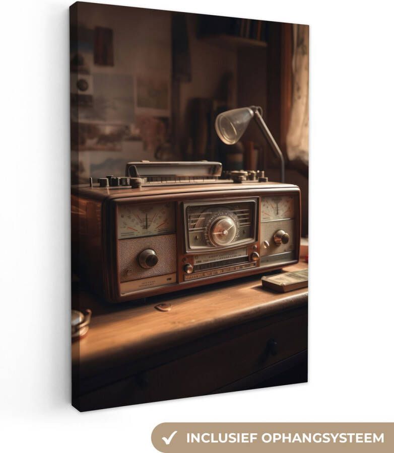 OneMillionCanvasses Canvas Schilderij Vintage Radio Oud Bureau Lamp 120x180 cm Wanddecoratie XXL