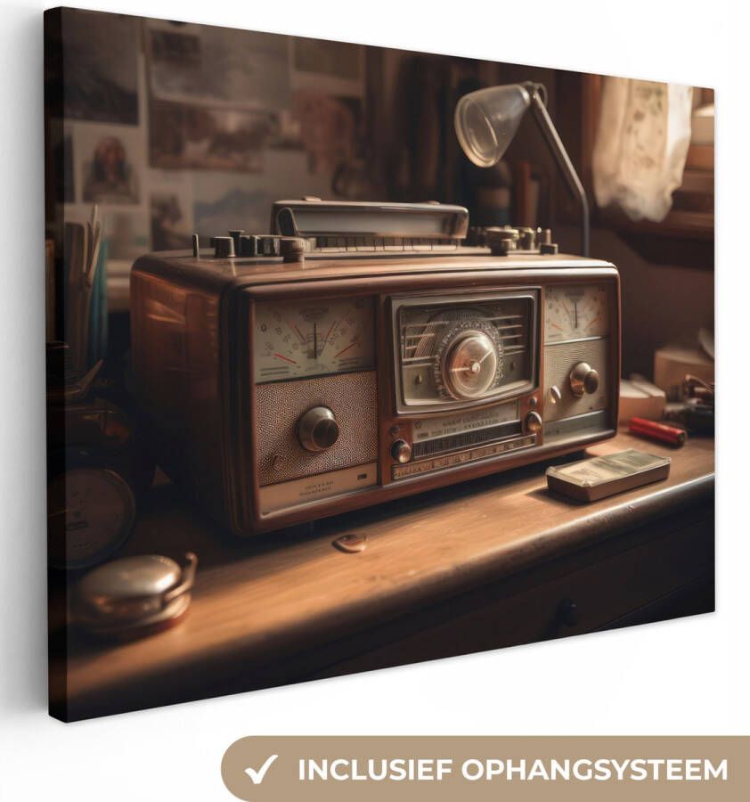 OneMillionCanvasses Canvas Schilderij Vintage Radio Oud Bureau Lamp 160x120 cm Wanddecoratie XXL