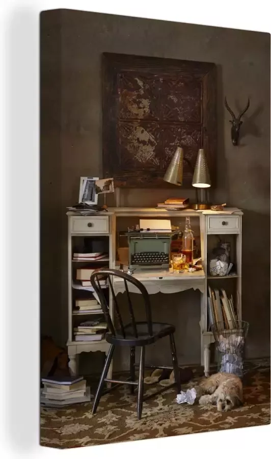 OneMillionCanvasses Canvas schilderij 90x140 cm Wanddecoratie Vintage typemachine op een wit bureau Muurdecoratie woonkamer Slaapkamer decoratie Kamer accessoires Schilderijen