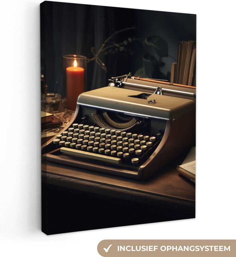 OneMillionCanvasses Canvas schilderij 120x160 cm Wanddecoratie Vintage Typmachine Kaars Oud Bureau Muurdecoratie woonkamer Slaapkamer decoratie Kamer accessoires Schilderijen op canvas