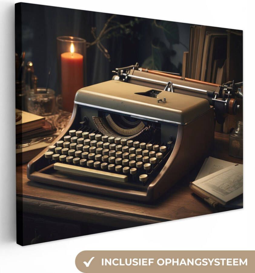 OneMillionCanvasses Canvas schilderij 120x90 cm Wanddecoratie Vintage Typmachine Kaars Oud Bureau Muurdecoratie woonkamer Slaapkamer decoratie Kamer accessoires Schilderijen op canvas