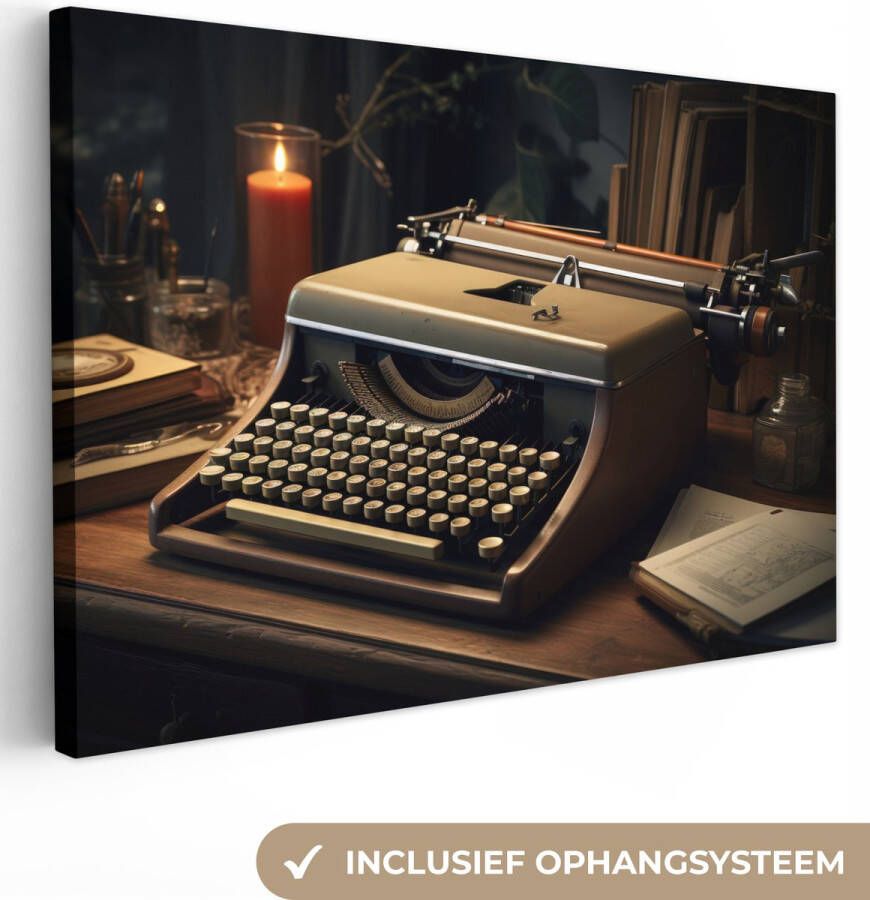 OneMillionCanvasses Canvas schilderij 150x100 cm Wanddecoratie Vintage Typmachine Kaars Oud Bureau Muurdecoratie woonkamer Slaapkamer decoratie Kamer accessoires Schilderijen op canvas