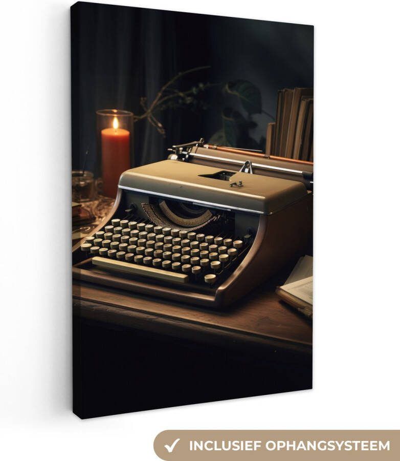 OneMillionCanvasses Canvas schilderij 40x60 cm Wanddecoratie Vintage Typmachine Kaars Oud Bureau Muurdecoratie woonkamer Slaapkamer decoratie Kamer accessoires Schilderijen op canvas